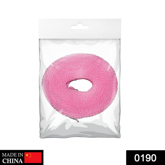 A pink coiled clothesline is sealed in clear plastic packaging with a white header and a 'Made in China' label.