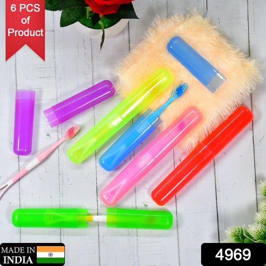 Six colorful toothbrush cases and one toothbrush are arranged on a white wooden surface, with a red "6 PCS of Product"