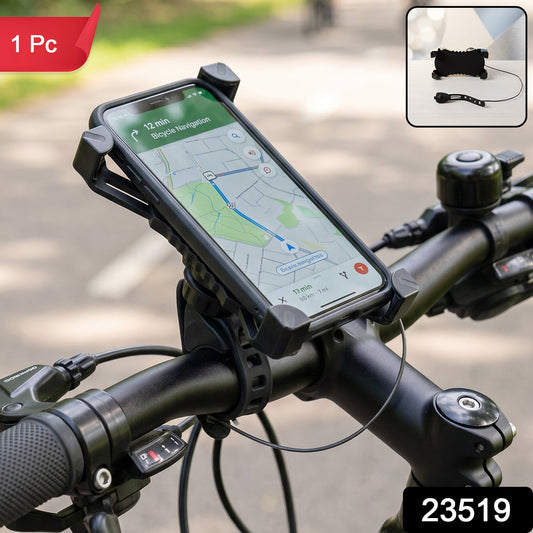 A black phone holder with a phone displaying a map is mounted on bicycle handlebars, with small horn shown in the corner