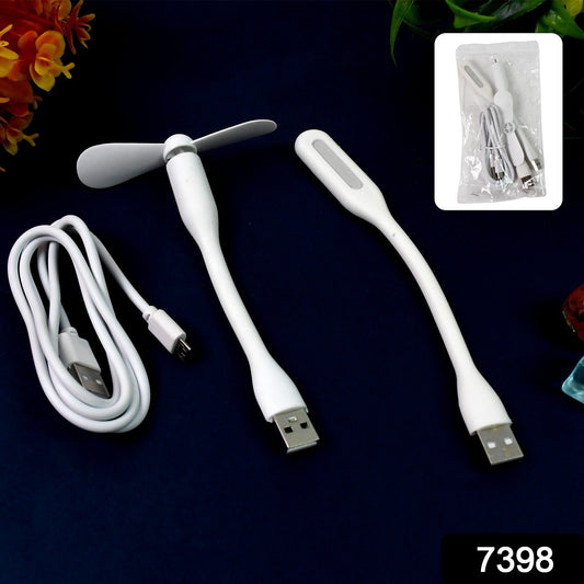 White USB fan, LED light, and charging cable on a dark background with packaging inset.