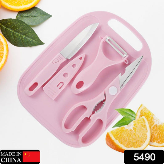 A pink cutting board holds a knife, peeler, and scissors, surrounded by fresh orange slices and green leaves.