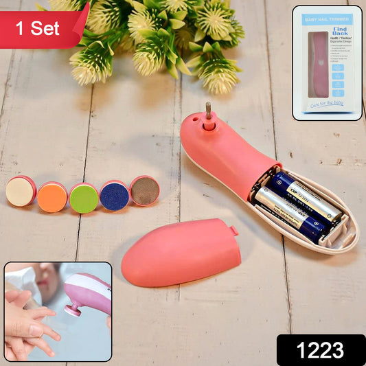 A pink electric nail trimmer with battery compartment open, five grinding heads, and product packaging.