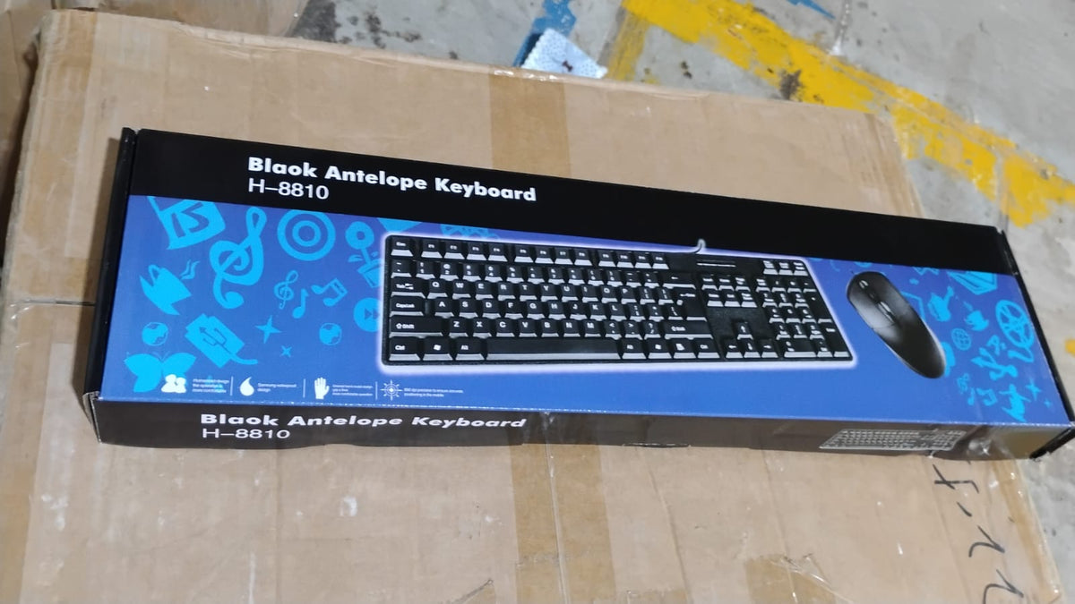 A blue and black product box for a 'Black Antelope Keyboard' with an image of the keyboard and mouse.