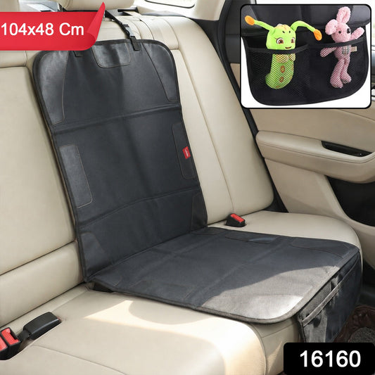 A black car seat protector is shown on a beige car seat, with an inset image of toys in its mesh pockets.