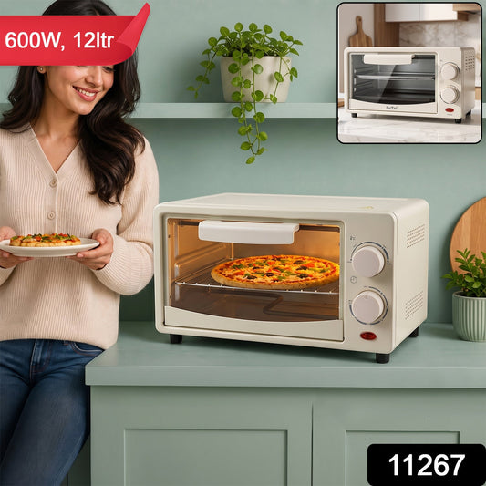 A woman smiles, holding a pizza slice, next to a cream mini oven with a pizza baking inside; a small inset shows the oven