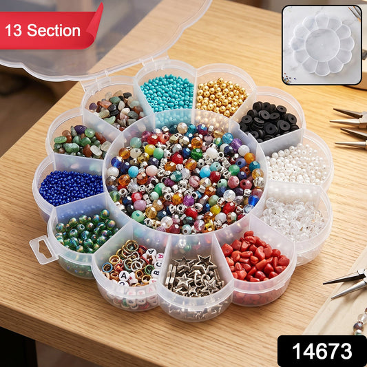 Overhead view of a clear flower-shaped organizer box with 13 compartments filled with various colorful beads and jewelry