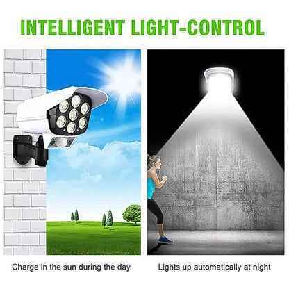 Split image showing the dummy security camera charging in the sun and illuminating a person running at night.