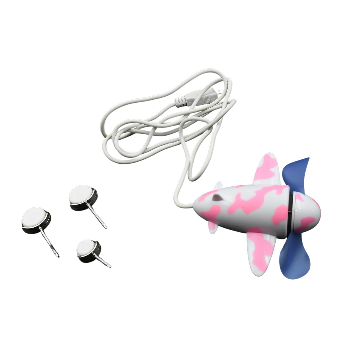 A pink and white airplane USB fan with blue propellers, a coiled white USB cable, and three small wheels on a white