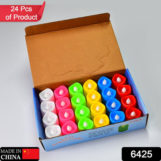 An open cardboard box containing twenty-four multicolor LED tealight candles, with text indicating it's a 24-piece product
