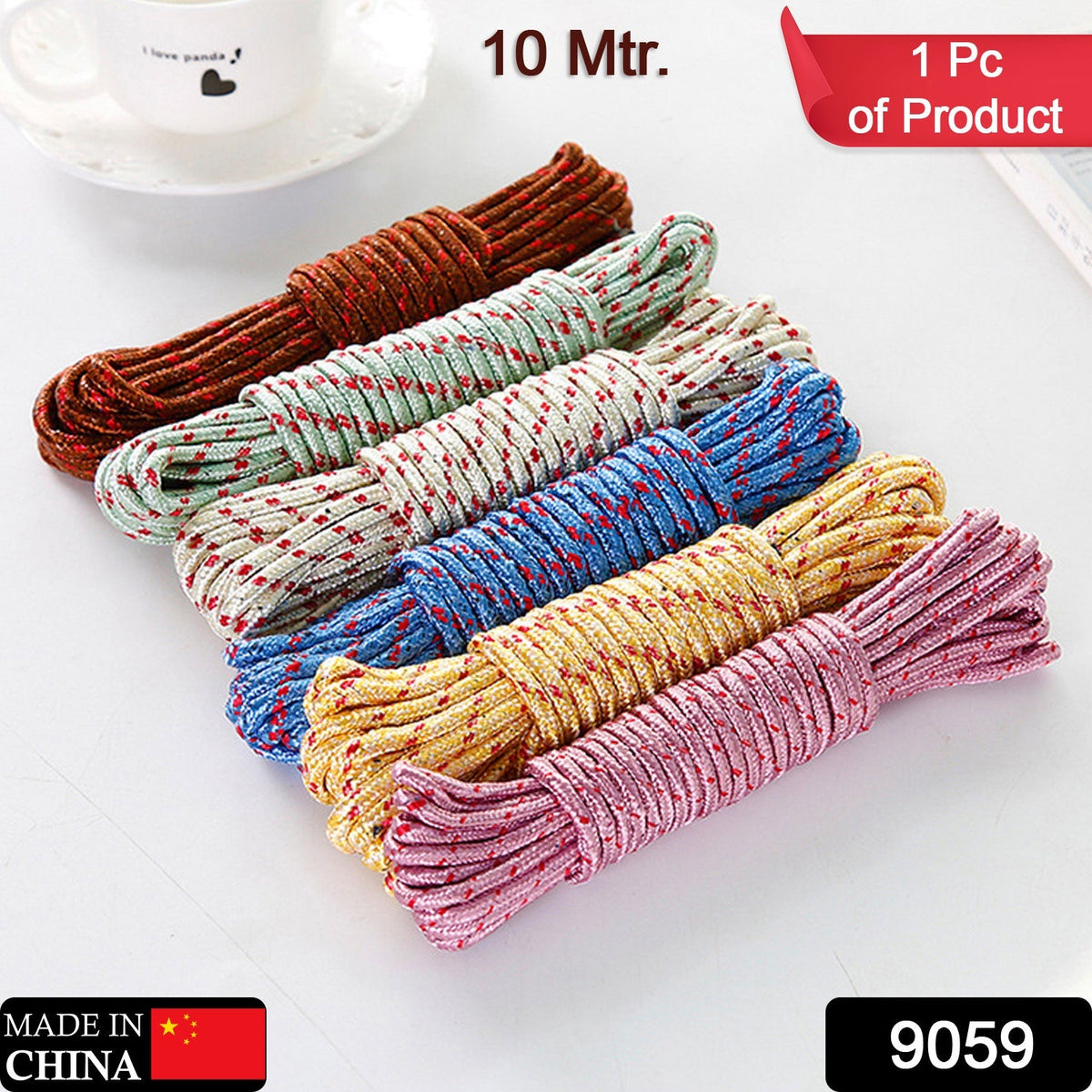 Six coiled ropes in various colors: brown, light green, cream, blue, yellow, and pink, with a 10 Mtr. label.
