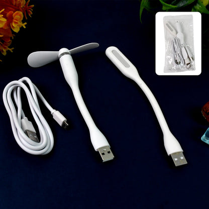 White USB fan, LED light, and charging cable on a dark blue surface with packaging inset.