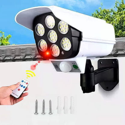 The AutoSafeo solar-powered dummy security camera with lights with its built-in solar panel.