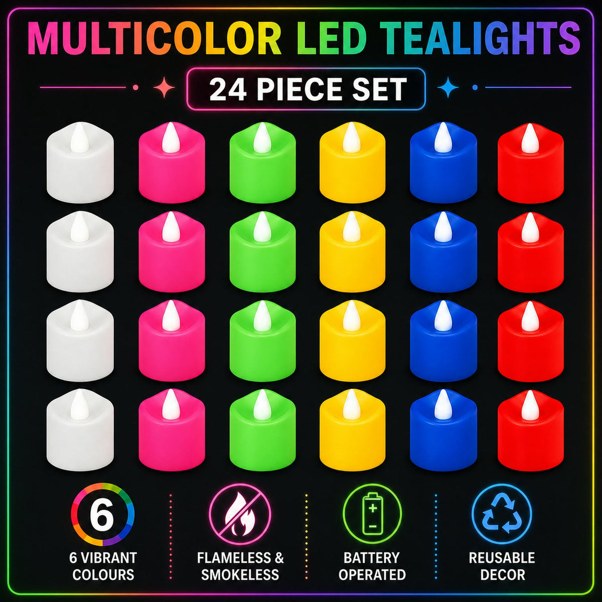 A graphic displaying twenty-four multicolor LED tealight candles with icons highlighting features like 6 vibrant colors,
