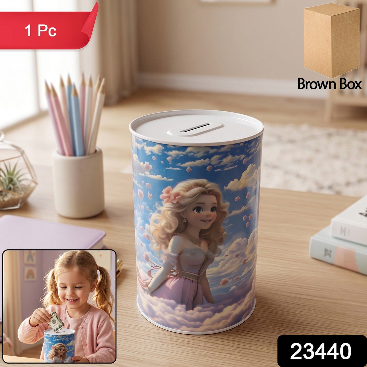 A princess-themed money bank with a brown box icon, pencils, and a small girl putting money in the bank.