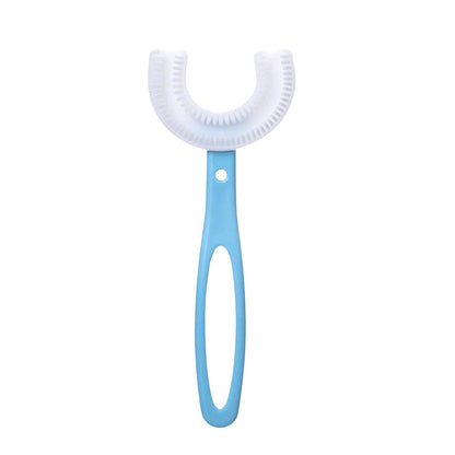 A single blue U-shaped toothbrush with white bristles is centered on a white background.