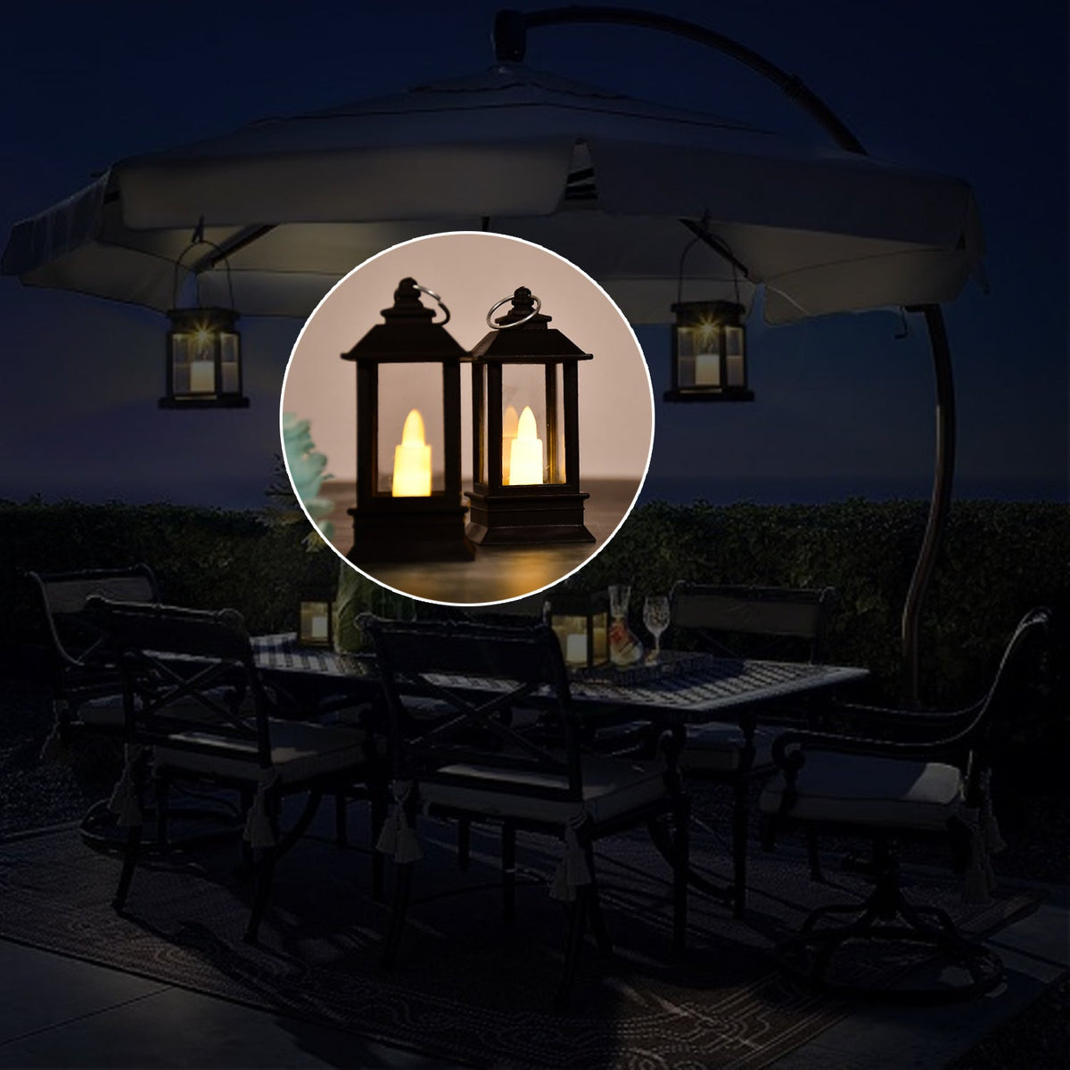 An outdoor dining area at night with lanterns hanging from an umbrella, featuring a close-up inset of two black lanterns.