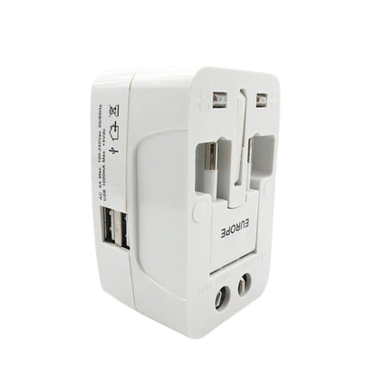 Angled view of the white universal travel adapter, showing its various ports and retractable pins.