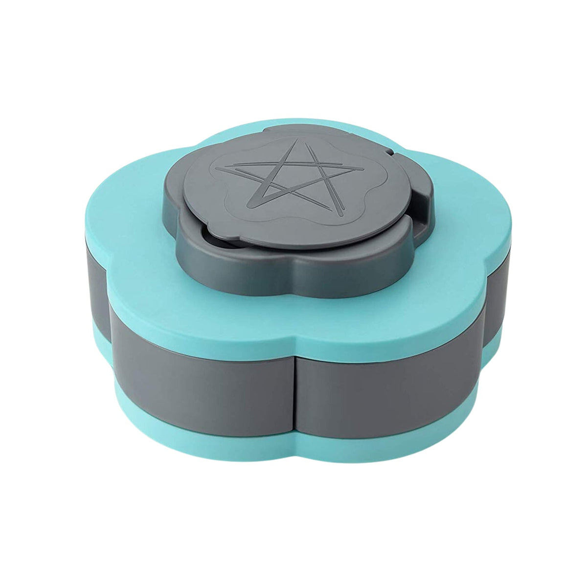 An open teal and gray petal-shaped box displays five compartments with various nuts and dried fruit, plus toothpicks in the