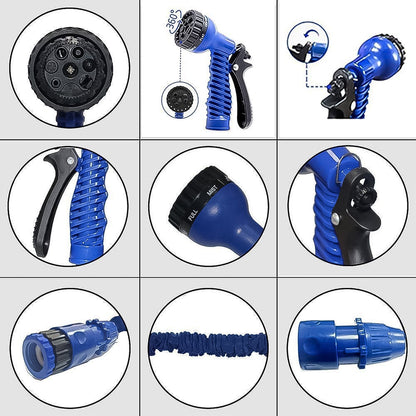 Nine circular insets showing different features of the blue expandable hose and spray gun, including connections and nozzle