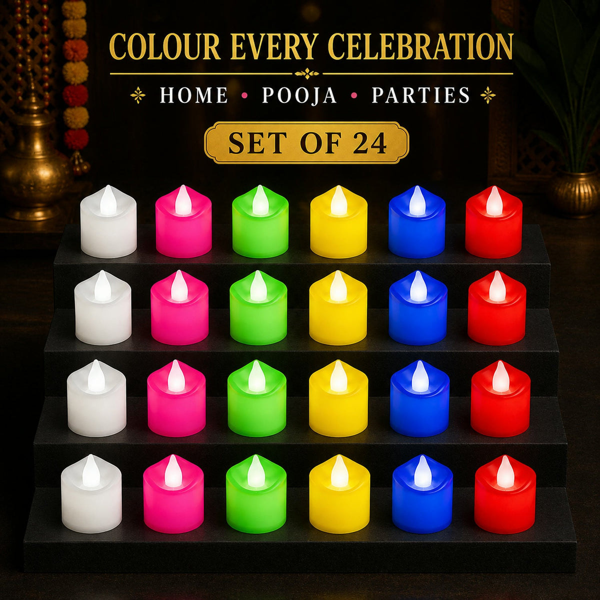 Twenty-four glowing multicolor LED tealight candles displayed on a tiered black stand, with decorative elements in the