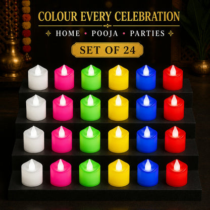 Twenty-four glowing multicolor LED tealight candles displayed on a tiered black stand, with decorative elements in the