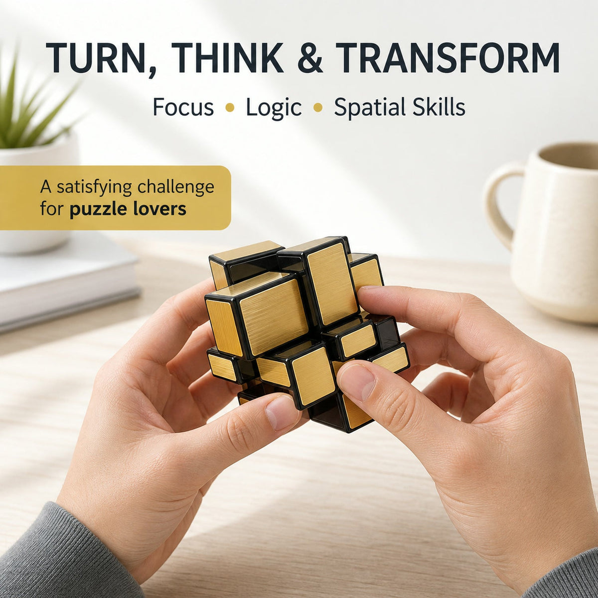 Lifestyle image of the gold mirror cube puzzle in use.