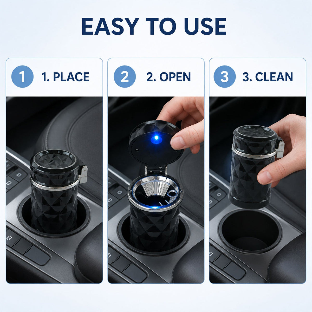 Three panels showing how to use the ashtray: placing it, opening it, and removing it for cleaning.