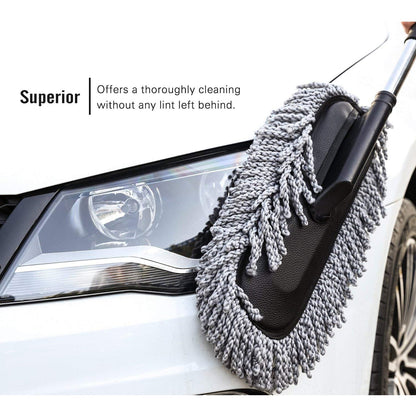 A gray and black microfiber car duster cleaning the front headlight and hood of a white car, with text about superior