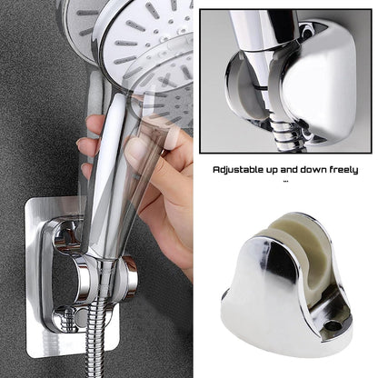 A hand adjusts a silver shower head in a chrome holder on a gray wall, with an inset showing the holder's adjustability.
