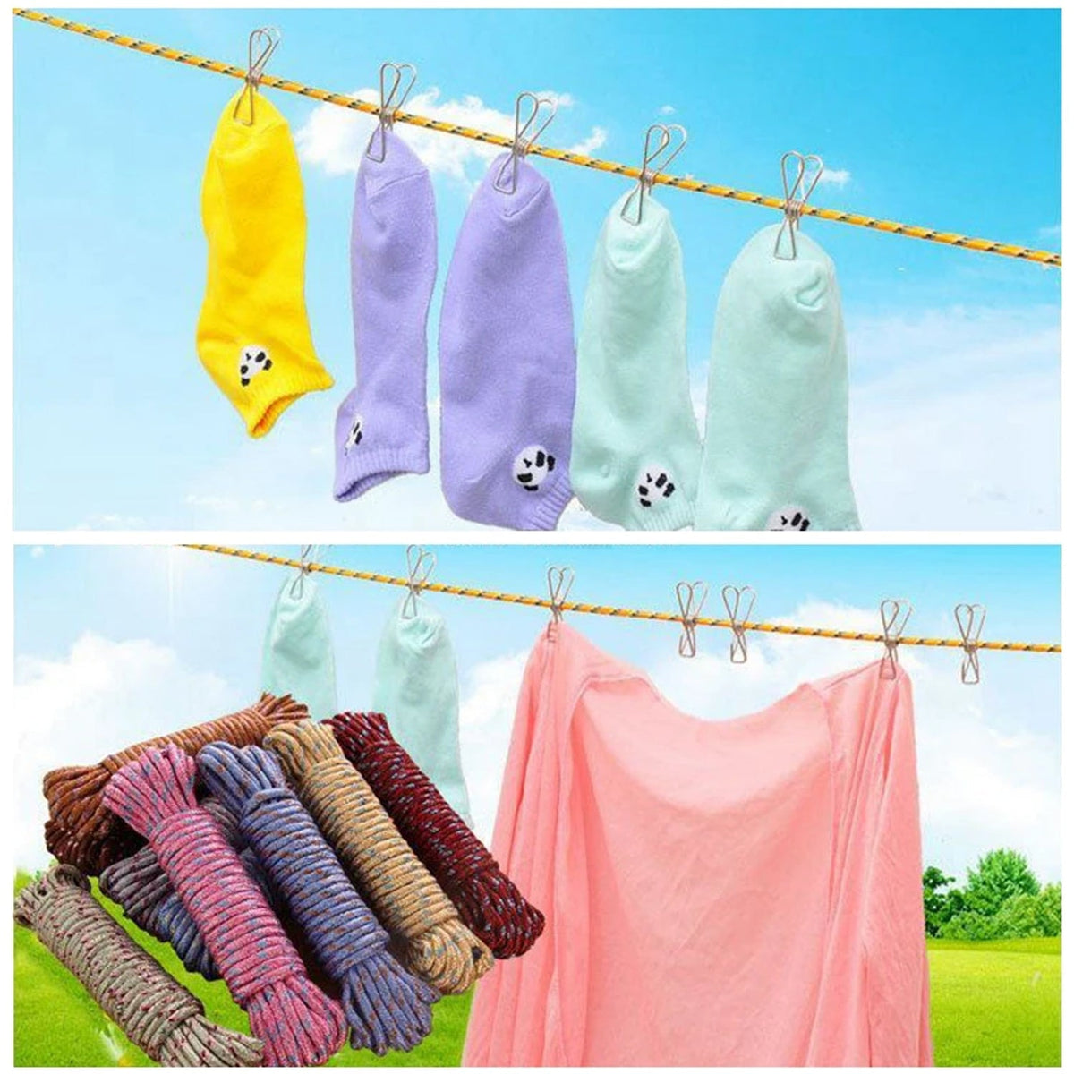 Top shows colorful socks drying on a yellow clothesline; bottom shows coiled ropes and a pink shirt drying.