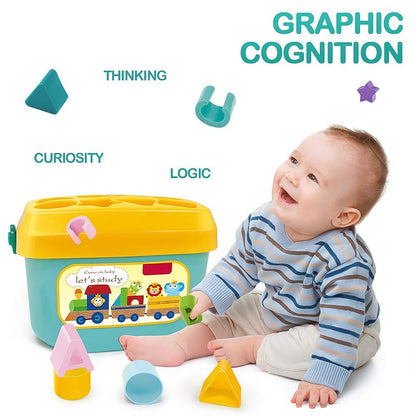 A baby smiles while sitting next to a blue and yellow shape sorter bucket with various colorful blocks and text overlay