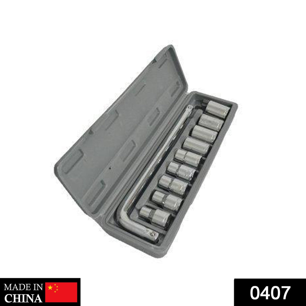 An open grey plastic case displays a 10-piece chrome socket wrench set on a white background.