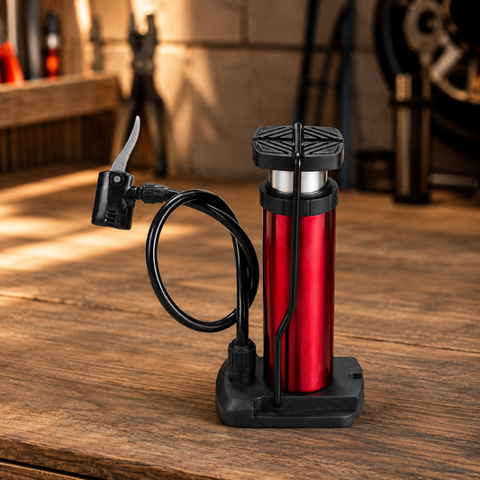Red mini foot pump with a black hose and nozzle, sitting on a wooden workbench.