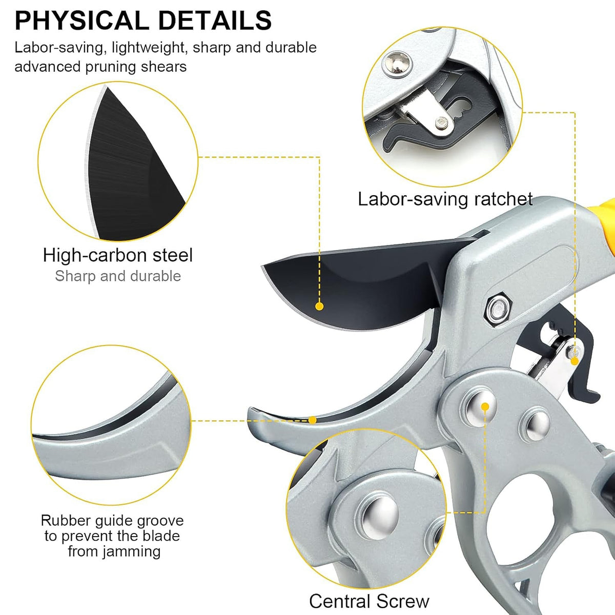 Close-up views of the silver and yellow pruning shears with details on high-carbon steel and ratchet mechanism.