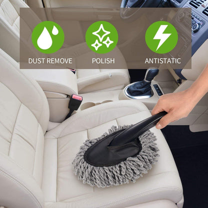 A gray microfiber duster with a black handle cleaning a light-colored car seat, with icons for dust removal, polish, and