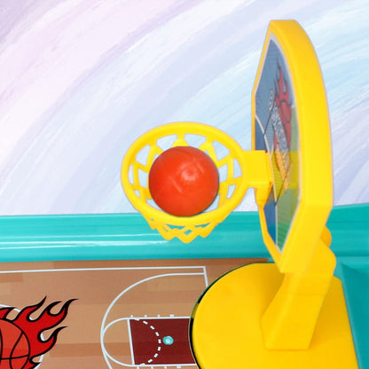 A close-up of the yellow basketball hoop with an orange ball perfectly inside the net.