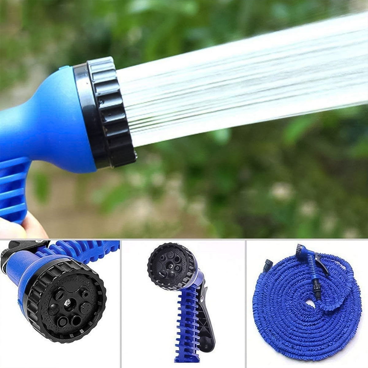 A blue spray gun emitting a strong stream of water, with smaller insets showing the nozzle, full gun, and coiled hose.
