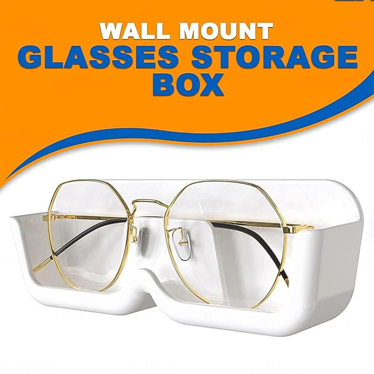 A white wall-mounted glasses holder with gold-rimmed glasses inside, against a white background.