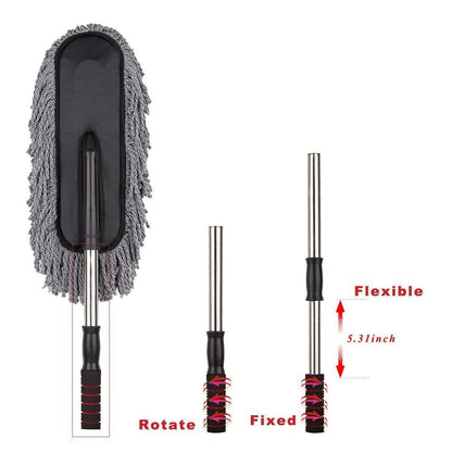 A gray and black microfiber car duster with its handle in fixed and extended positions, showing the 5.3-inch flexible