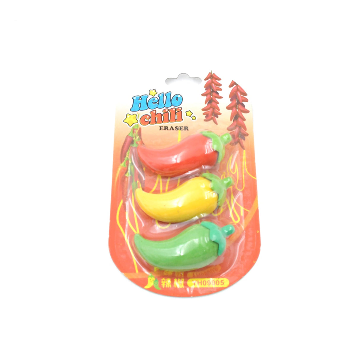 A blister pack containing three chili pepper erasers in red, yellow, and green, on a white background.