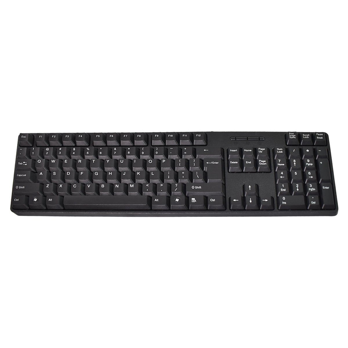 A top-down view of a full-size black wired keyboard with a numeric keypad on a white background.