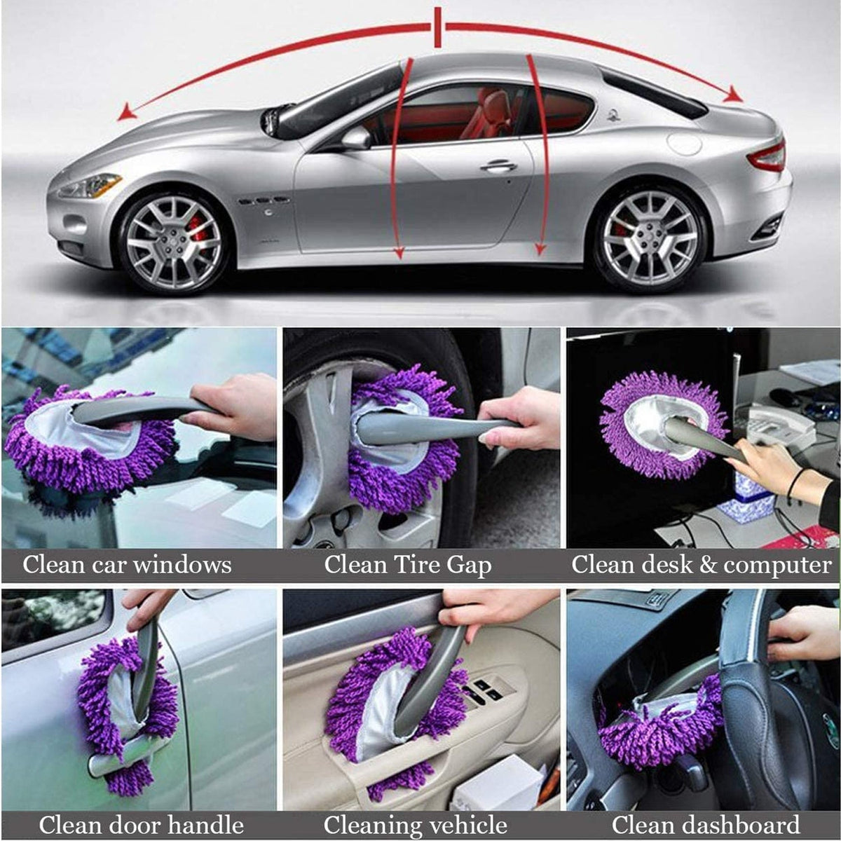 A silver sports car with red arrows indicating cleaning areas, and six insets showing a purple duster cleaning various car