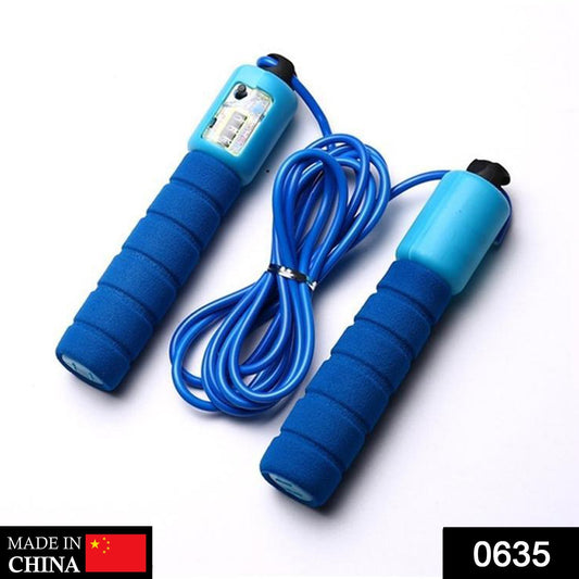A blue electronic counting skipping rope with foam handles and a digital display is shown against a white background.