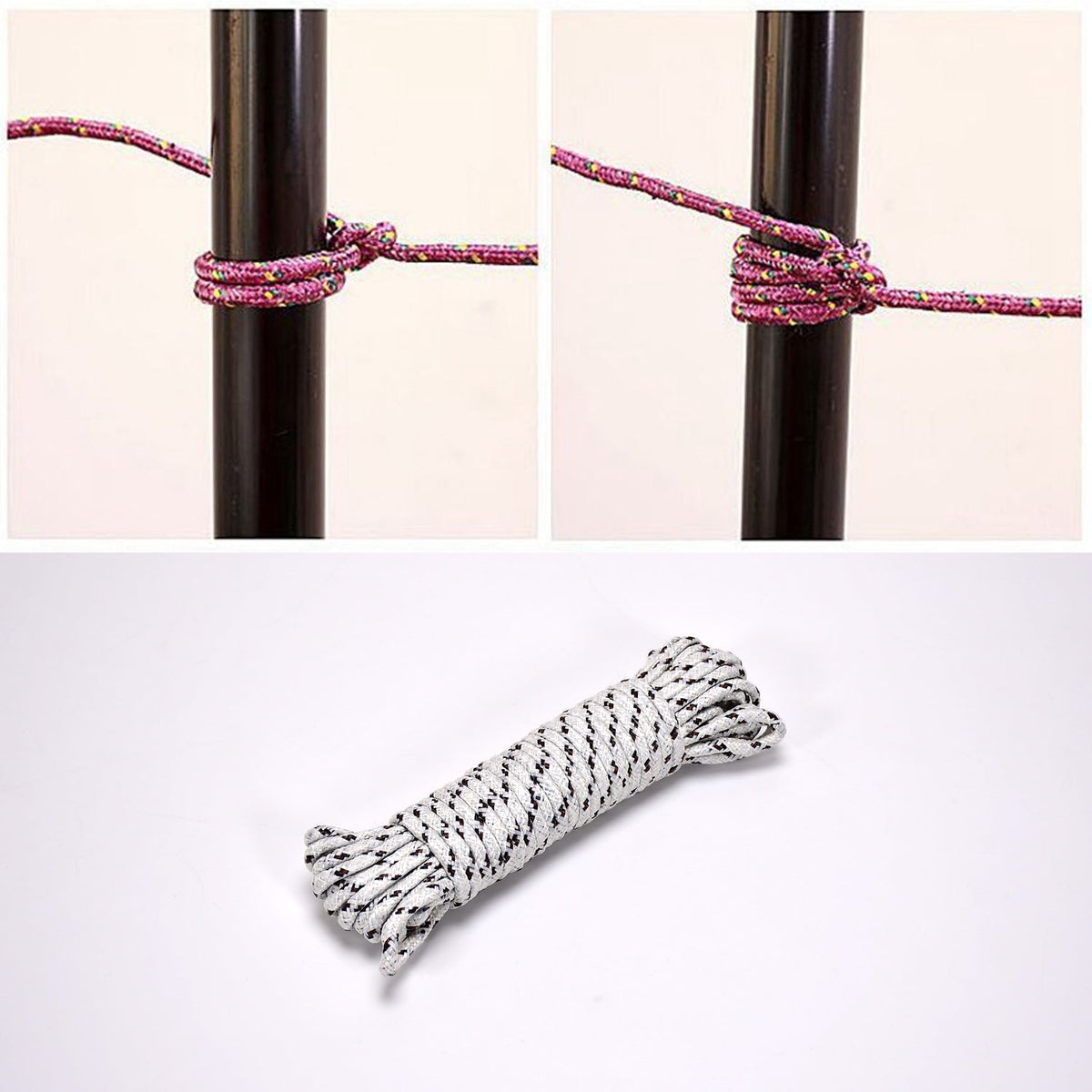 Top shows two steps for tying a purple and yellow rope to a black pole; bottom shows a coiled white and black rope.