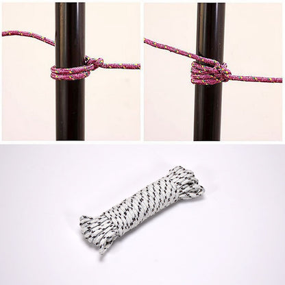 Top shows two steps for tying a purple and yellow rope to a black pole; bottom shows a coiled white and black rope.