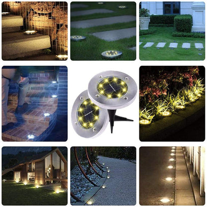 A grid of nine images showing solar ground lights in various outdoor settings, including stairs, grass, and garden beds.