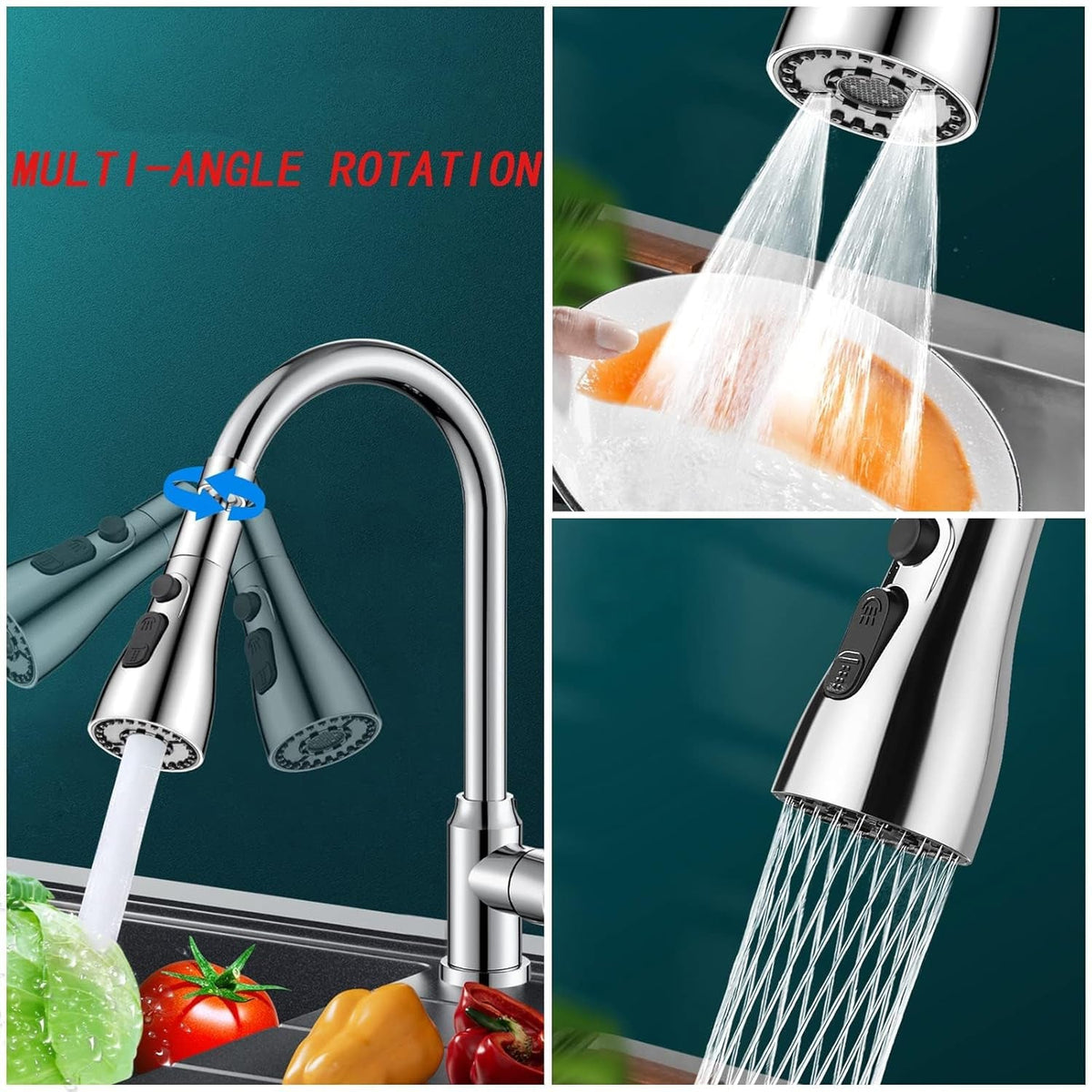 A collage shows a chrome faucet sprayer head rotating, rinsing a bowl, and spraying a powerful stream of water.