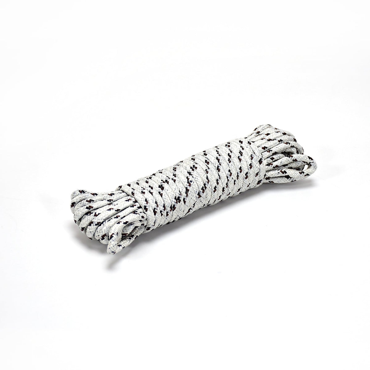 A single coiled white and black braided rope on a plain white background.