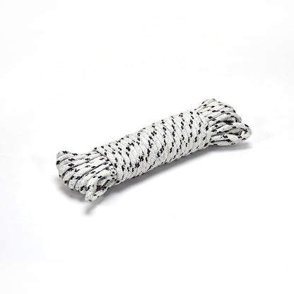 A single coiled white and black braided rope on a plain white background.