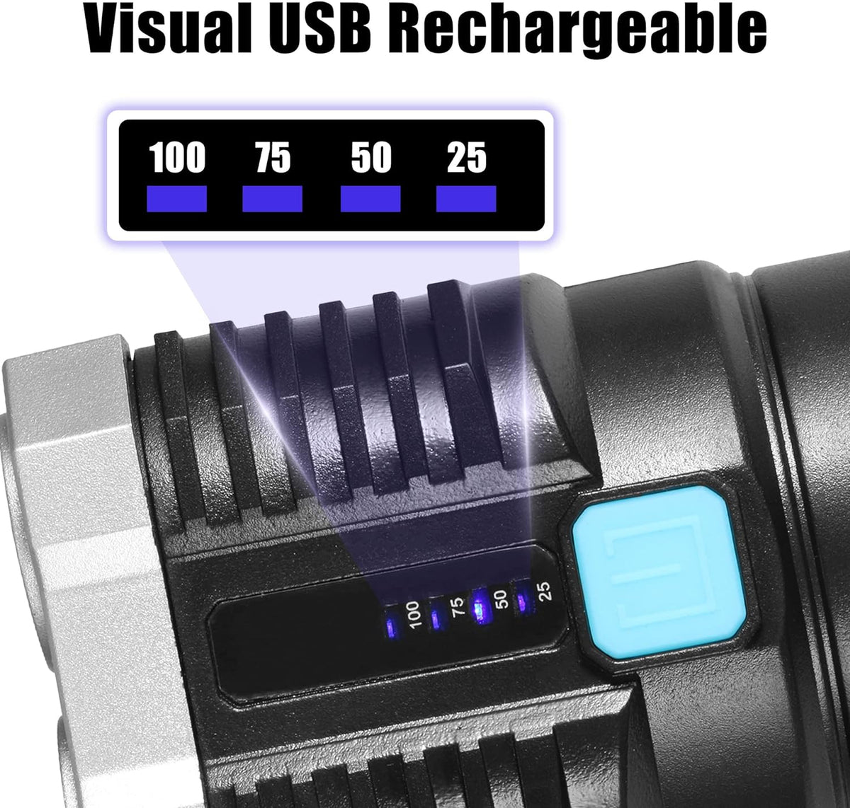 Close-up of the flashlight's side, showing a blue button and a visual battery indicator with 100, 75, 50, and 25 percent